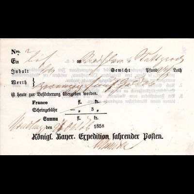 Bayern, Postschein v. Nördlingen m. JZ 1858 auf dünnem weissem Papier 