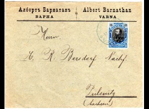 Bulgarien 1902, 25 St. auf Vordruckumschlag v. Varna n. Sachsen m. rs. Bahnpost