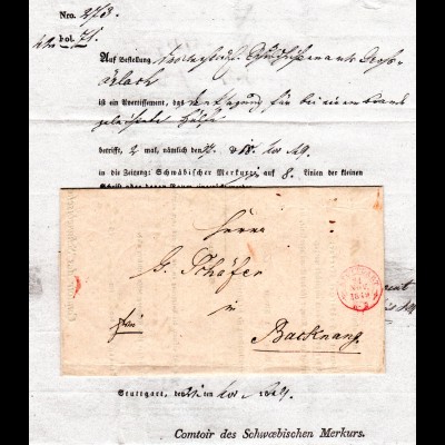 Württemberg 1849, roter Zier-K2 Stuttgart auf Franco Brief m. gedrucktem Inhalt