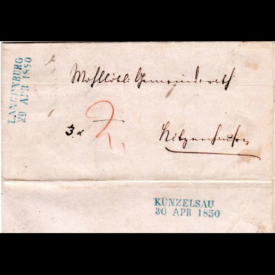 Württemberg 1850, L2 LANGENBURG klar auf Porto Brief n. Nitzenhausen