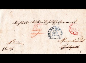Württemberg 1849, MURRHART u. roter K2 Stuttgart auf Franco/Porto Brief