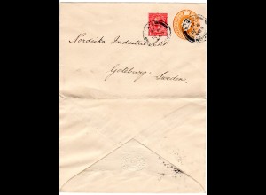 GB 1922, 1d with perfin on 2d Sationery envelope from London to Sweden