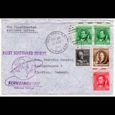 USA 1946, 5 stamps on SAS 1st. Flight cover from New York to Denmark