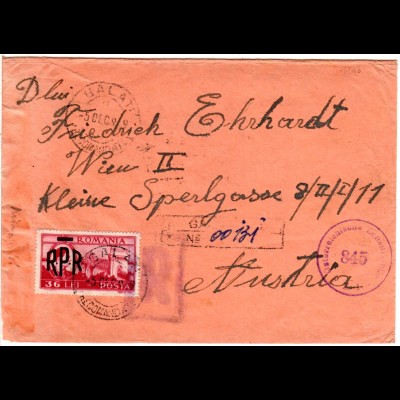 Rumänien 1949, EF 36 L. m. Überdruck RPR auf Einschreiben Zensur Brief v. Galati