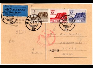 Norwegen 1943, Luftpost Karte v. Harstad m. seltener Trondheim-Zensur! LP!