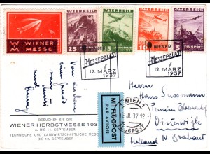 Österreich 1937, 4 Flugpostmarken u. Vignette auf Karte der Wiener Herbstmesse