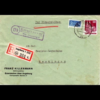 1949, Landpost Stpl. 13b EMERSACKER über Augsburg 2 auf Reko Brief m. 60 Pf. 