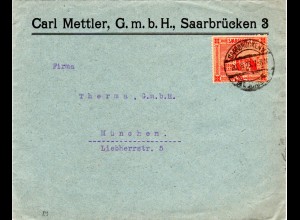 Saargebiet 1923, EF 25 C. auf Firmen Brief v. Saarbrücken 