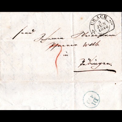 Württemberg 1846, Steigbügelstpl. URACH klar auf Porto Brief n. Tübingen