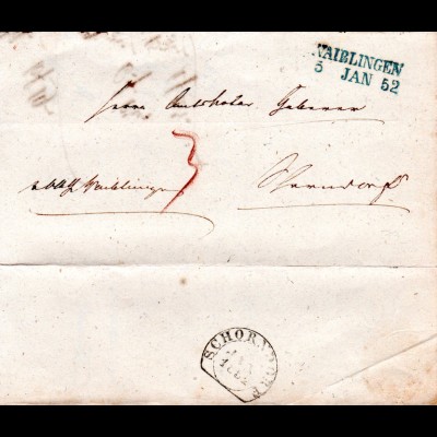 Württemberg 1852, blaugrüner L2 WAIBLINGEN auf Porto Brief n. Schorndorf
