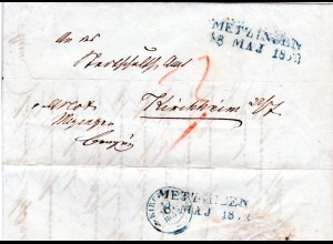 Württemberg 1853, L2 METZINGEN in blau auf Porto Brief n. Kirchheim