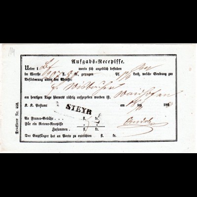 Österreich 1863, L1 Steyr klar auf Aufgabs-Recepisse, gut erhaltener Postschein 