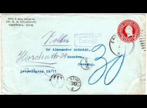 Bayern 1912, R2 München Entlasted auf Brief v. Croswell USA m. Porto Stpl.
