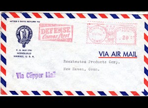 USA Hawaii 1941, Clipper Mail Brief m. Honolulu Freistempel DEFENSE Comes first