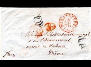 Taxis 1853, rote K2 Frankfurt u. II AED sowie P.D auf Franko Brief n. Frankreich
