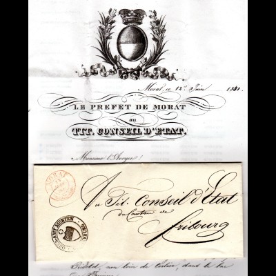 Schweiz 1841, roter K2 MORAT u. Amtssiegel-Stpl. auf schönem Brief n. Fribourg
