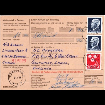 Schweden 1974, 2x75 öre+2 Kr. auf Internat. Postanweisung v. Karlstad n. GB