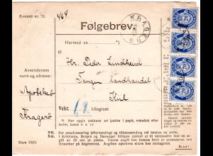Norwegen 1920, MeF 4er-Streifen 20 öre auf Paketkarte v. Kragerö