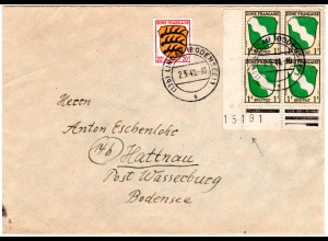 Franz. Zone 1948, 20+Eckrand 4er-Block 1 Pf. m. Druckdatum auf Brief v. Lindau