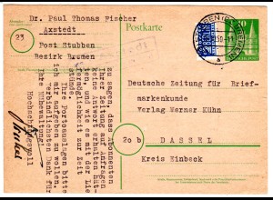 BRD 1950, Landpost Stpl. AXSTEDT über Stubben (Bz- Bremen) auf 10 Pf. Ganzsache