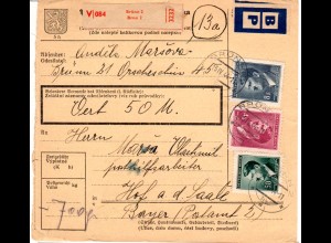 Böhmen und Mähren 1944, 8+4 K.+50 H. auf Wert Paketkarte v. Brünn n. Hof.