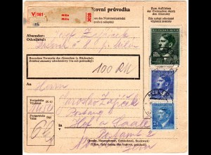 Böhmen und Mähren 1944, 10+2,50+2 K. auf Wert Paketkarte v. Milin n. Hof.