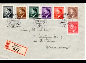 Böhmen und Mähren 1942, 7 Hitler Marken auf Reko Brief v. Budweis n. Österreich