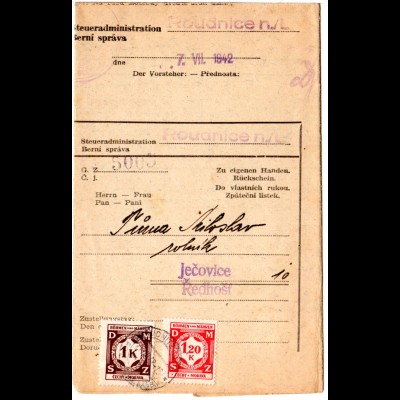 Böhmen und Mähren 1942, 1+1,20 K. Dienst auf Steueradmistration Brief v. Radnitz