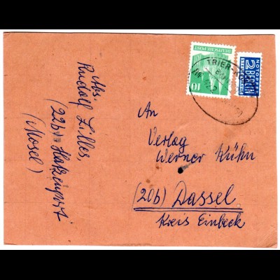 1950, Bahnpoststpl. Trier-Koblenz auf Karte m. 10 Pf. v. Hatzenpost