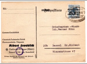 1948, Bahnpoststpl. Wuppertal-Oberhausen auf Karte m. 12 Pf. Band v. Dahlerau