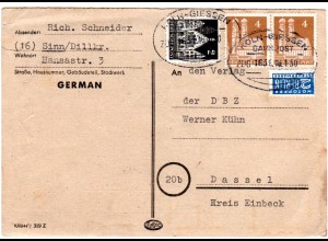 1950, Bahnpoststpl. Köln-Giessen auf Karte m. 2+2x4 Pf. v. Sinn/Dillkreis
