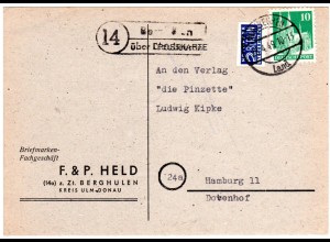 1949, Landpost Stempel 14 BERGHÜLEN über Blaubeuren auf Karte m. 10 Pf.