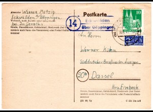 1949, Landpost Stempel 14 ECKWÄLDEN über Göppingen auf Karte m. 10 Pf.