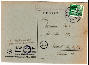 1948, Landpost Stempel 16 ROCKSHAUSEN über Wabern auf Karte m. 10 Pf.