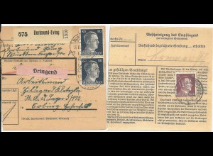 DR 1942, Paketkarte v. Dortmund Eving m. 3 Marken u. Dringend. #2891