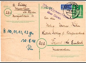 1949, Landpost Stempel 22c WISSERSHEIM über Dürenauf 10 Pf. Ganzsache