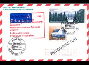Schweden 1992, Luftpostkarte v. Malmö, Retour wegen Bosnienkrieg m. Hinweisstpl.