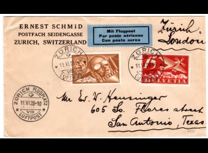 Schweiz 1928, 15+35 C. Flugmarken auf Luftpost Brief v. Zürich via London n. USA