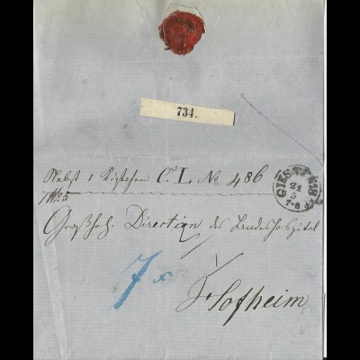 Taxis 1858, K1 Giessen auf Paket Brief, innen Botenlohn Quittung f. 7 Kr. #2728