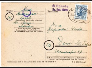 1948, Landpost Stempel 20b SPEELE Krs. Hann. Münden auf Karte m. Bahnpoststempel
