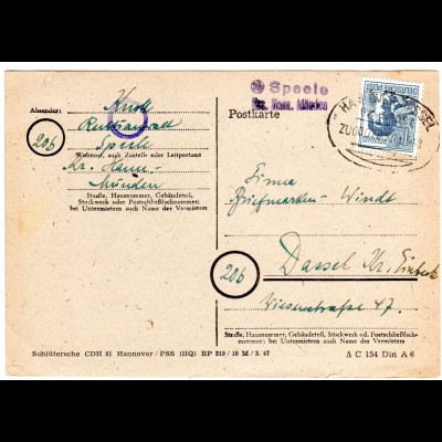 1948, Landpost Stempel 20b SPEELE Krs. Hann. Münden auf Karte m. Bahnpoststempel