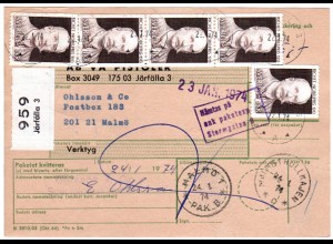 Schweden 1974, MeF 5x1 Kr. Richet, Nobelpreis 1913 auf Paketkarte v. Järfälla