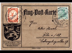 DR 1912, Flugpost am Rhein u. am Main, Karte m. 5 +10 Pf. Luftpost v. Darmstadt