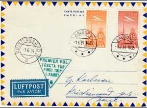 Dänemark 1939, 10+15 öre Flugmarken auf Erstflug-Karte v. Aalborg n. Norwegen