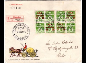 Dänemark 1938, 5 öre DFU Frim. Uttst., 2 Viererblöcke auf Reko FDC n. Norwegen