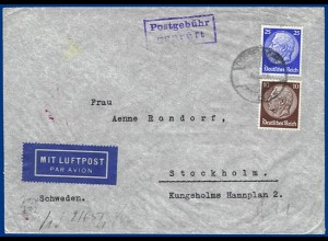 DR, Postgebühr geprüft auf Luftpost Zensur Brief v. Düsseldorf n. Schweden.#S280