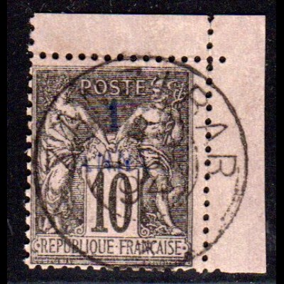 Französische Post Sansibar 2, Eckrandstück 1 A./10 C. m. zentrischem Stempel