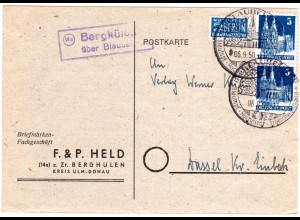 1950, Landpost Stpl. 14c BERGHÜLEN über Blaubeuren auf Karte m. 2x5 Pf.