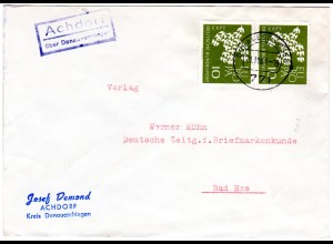 BRD 1961, Landpost Stpl. ACHDORF über Donaueschingen auf Brief m. MeF 2x10 Pf.