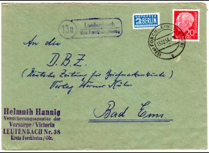 BRD 1954, Landpost Stpl. 13a LEUTENBACH über Forchheim auf Brief m. 20 Pf.